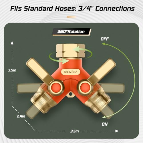 Image of Hose Splitter 2 Way Heavy Duty, Garden Hose Splitter- Full Metal Body Y Type with Dual Shut Off Valves, 3 /4 inch Standard Threads, Leak-Proof Dual Outlet Splitter for Sprinklers and Irrigation Systems