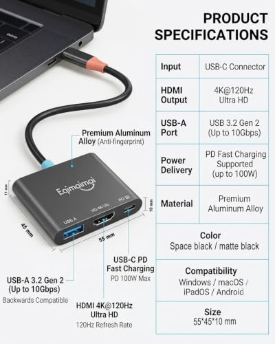 Image of USB c to hdmi Adapter with HDMI 2.1,8K@60 /4K120Hz, 3in1 Portable Travel TV Dock with USB3.2 and PD 100w Charger Compatible for Steam,MacBook,Laptops,IPAD,Mobile Phone.