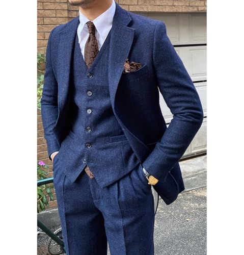 Ceehuteey Mens Suit 3 Pieces Formal Tweed Herringbone Slim Fit Suit Prom Tuxedos Groomsmen3