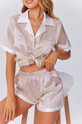 Image of Ekouaer Womens Silk Satin Pajama Set Short Sleeve PJs 2 Piece Button Down Top and Shorts Notch Collar Sleepwear Sets Soft Pjs