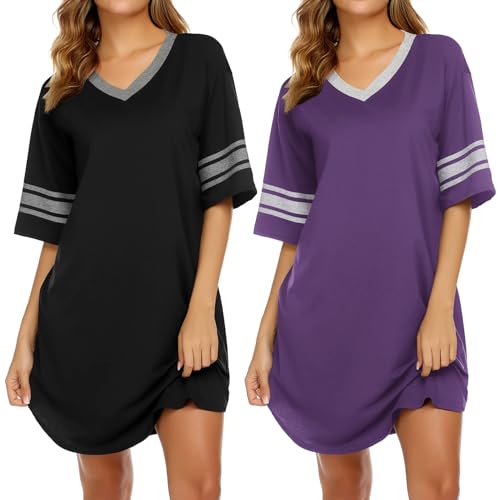 Image of Ekouaer Nightgowns for Women 2 Pack Sleepshirts Short Sleeve Nightshirt V Neck Sleepwear Casual Pajama Dress