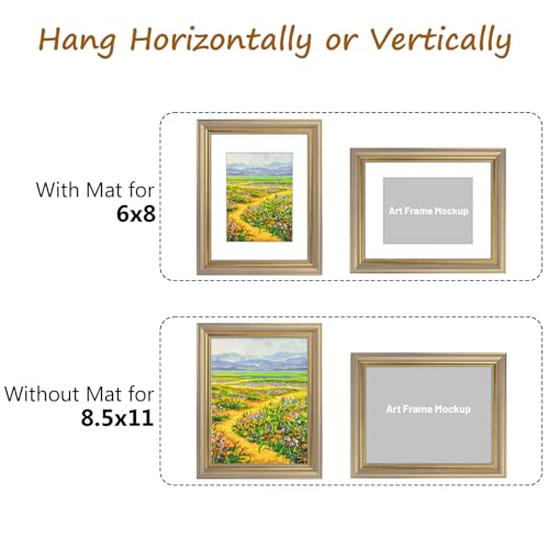 Image of Golden State Art,8.5x11 Ornate Picture Frame Holds 6x8 Photo,Chamgpagne | Includes easel back,HD plexiglass,white mat,build-in hangers.8.5x11 Decorative photo frame matted to 6x8.Desktop /wall mount