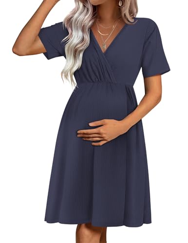 Image of Ekouaer Maternity Nursing Dress V Neck Short Sleeve Breastfeeding Dresses Ribbed Knit Pregnancy Clothes S-XXL