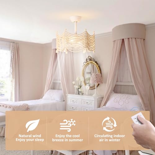 luansky 20 Inch Boho Ceiling Fans with Lights, Wooden Beaded Coastal Fandelier Ceiling Fan with Light, 6 Speeds Reversible for Bedroom, Kitchen, Indoor White - Image 2