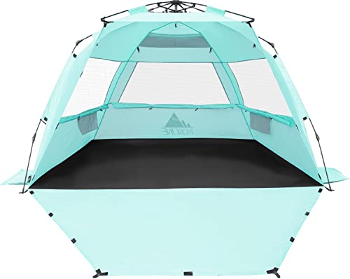 NXONE XL Pop Up Beach Tent, Deluxe Sun Shade Shelter for 4 Person, UPF 50+ Protection, Windproof Beach Shade, Extendable Floor with 3 Ventilating Windows Plus Carrying Bag, Stakes and Guy Lines