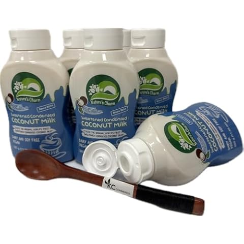 Nature's Charm Sweetened Condensed Coconut Milk, NEW Squeeze Bottle , Dairy and Soy FREE, Vegan, Lactose FREE, Gluten FREE. Rich Coconut Flavor, Good Soure of Calcum-11.25 Ounce (Pack of 6) Combo With FREE KC Commerce Wooden Spoon (6) Cover