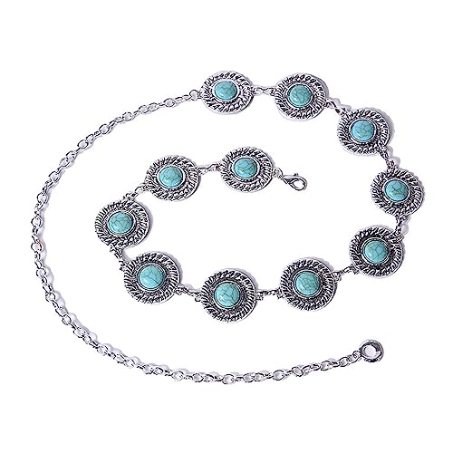 Women Round Turquoises Chain Belt Adjustable Waist Belt Metal Women Dress Belt Shirt Belt for Jeans