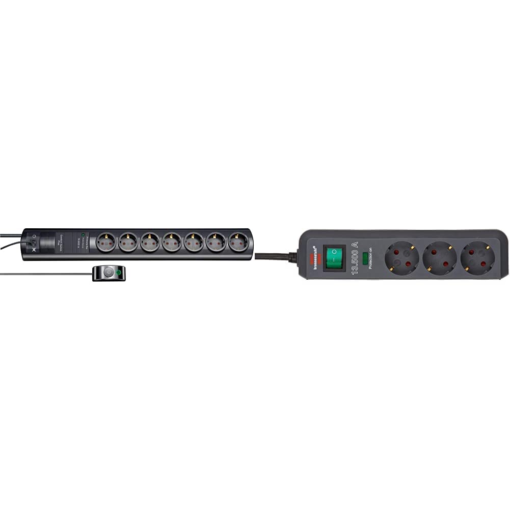 Brennenstuhl Primera-Tec Comfort Switch Plus 19.500A Überspannungsschutz-Steckdosenleiste 7-Fach schwarz & Eco-Line 13.500A Überspannungsschutz-Steckdosenleiste 3-Fach anthrazit 1,5m,5 Polybeutel