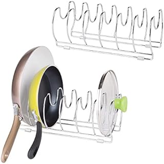 mDesign Set of 2 Pot and Pan Rack  Metal Wire Rack for Cookware Storage  Freestanding Pan Stand for Pans, Pots, Lids and Crockery  Chrome