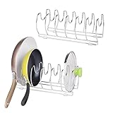 mDesign Juego de 2 Organizador de sartenes y tapaderas – Soporte de metal cromado con 6 compartimentos para sartenes y tapas de ollas – Organizador de cajones y armarios de cocina