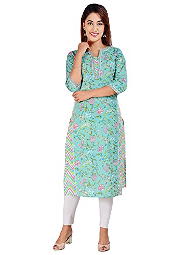 Image of COTLAND Fashions Jaipuri Cotton Printed Straight Kurti for Women Royal Sea Green