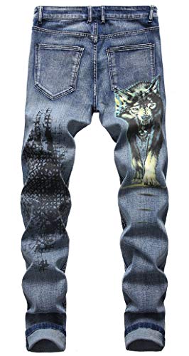 chouyatou Men's Cool Stylish Wolf Pattern Print Regular Fit Distressed Stretch Denim Jeans Pants2