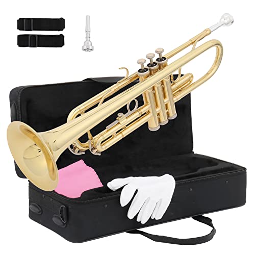 Ktaxon Bb Standard Trumpet For Beginners,Trumpet For Student With Hard Case,7C Mouthpiece,Cleaning Cloth,Gloves,Brass Instruments For Kids And Adults(Gold) #TOP5
