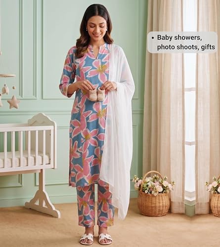 Image of DUMMY SHAPE Feeding Kurtis for Women Cotton Blend | Floral Kurta Pant Dupatta Set with Nursing Zippers to Pre & Post Partum | Maternity Dresses | Mom to Be Gifts for Pregnant Woman