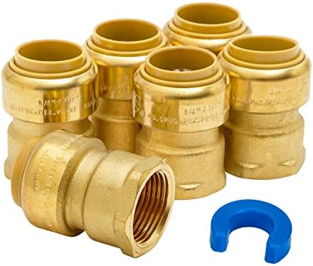 SUNGATOR 3/4 Inch Pushfit Female Adapter, No Lead Brass Push-to-Connect Plumbing Fittings to Connect PEX, Copper, CPVC, With A Disconnect Clip, Pack of 6