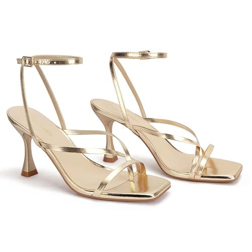 Image of Women's Strappy High Heels Sandals Square Open Toe Ankle Strap Slingback Thong Stilettos Shoes for Wedding