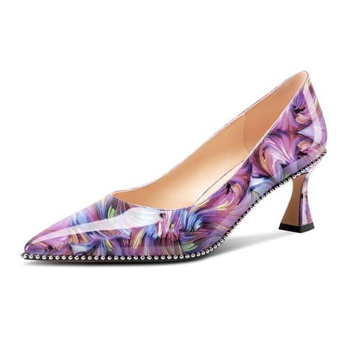 Image of TNYNFBEB Womens Kitten Heel Pointed Toe Pumps Slip-on Sliver Beaded Prom Wedding Dress Basic Classic Patent Leather Summer 2.6 Inches Heels