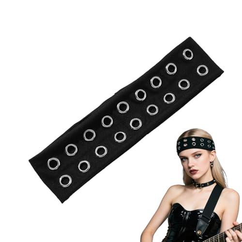 CZMZHFC Grommet Headband Women Hollow Out Eyelets Elastic Hairband Punk Style Rivets Headbands Y2K Grunge Fashion Wide Head band Stretchy Casual Hair Accessories for Women (Black StyleB)