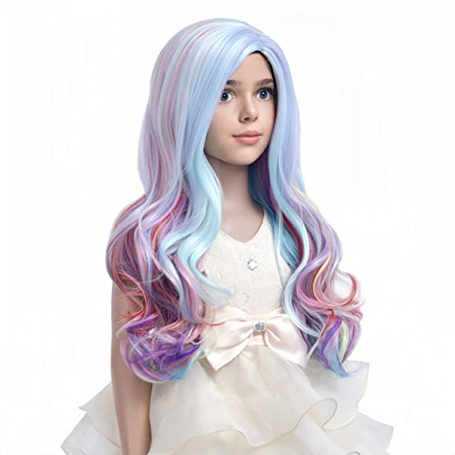 Image of PATTNIUM Child Kids Rainbow Wigs Long Curly Wavy Colorful Wig Multicolor Wig for Girls Synthetic Cosplay Party Halloween Wigs(Rainbow)