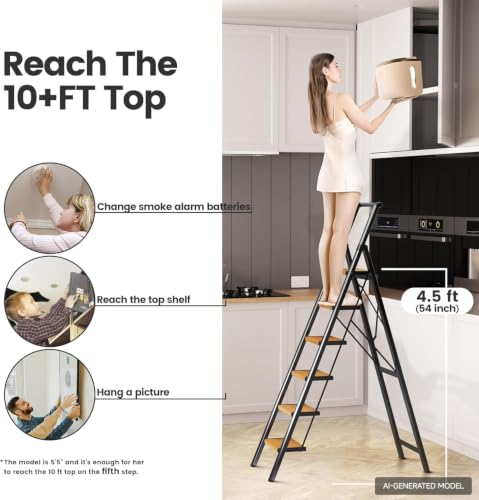 Image of SOLADDER 6 Step Ladder for 12 Ft High Ceiling, Folding Step Stool with Handgrip & Anti-Slip Wide Pedal, Portable Aluminum Stepladder for Kitchen, Home (300 lbs Capacity) - Black+Wood Grain