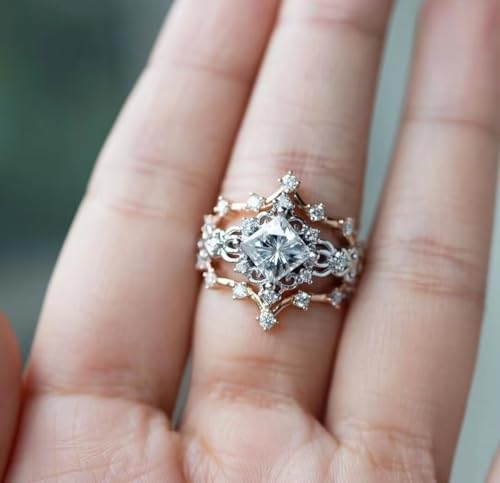 Three-in-One Diamond Wedding Bands Set Engagement Rings 18K White Gold Plated Cubic Zirconia Promise Eternity Band for Women Zircon Stacking Rings Promise Ring Fashion Wedding Rings Size 82