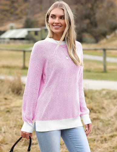 Image of Zeagoo Women 2026 Fall Lightweight Oversized Sweater Crew Neck Long Sleeve Color Block Pullover Rib Knit Blouse Tops XS-2XL
