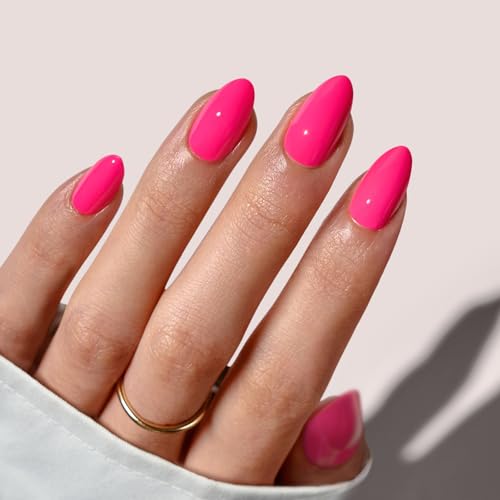 BTArtbox Press On Nails Short - Hot Pink Almond Press On Nails with Glue for Women Opaque Soft Gel Glue On Nails in 16 Sizes - 32 Stick On Nails Kit Power Pink