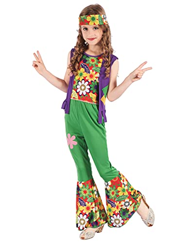DEGUISE TOI - Déguisement hippie flower power vert fille - T-shirt avec gilet - Pantalon - Bandeau - M 7-9 ans (120-130 cm) - - Déguisements enfants - 100%...