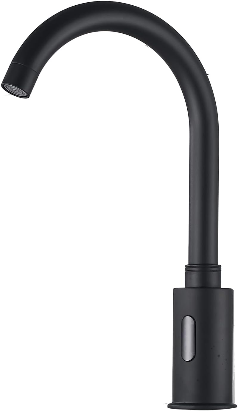 Automatic Touchless Sensor Faucet Black Motion Activated Bathroom Sink Faucets Waterfall Hands Free Water Tap with Deck Plate Temperature Mixer Valve Dual Powered Commercial