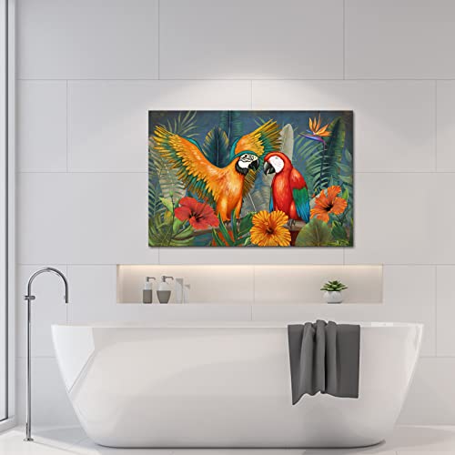 Parrot Paintings Canvas Wall Art Hawaii Parrot Bird Picture Artwork Tropical Leaves Animal Print Poster For Home Living Room Bedroom Wall Decor Framed Ready To Hang 24X36 Inch #TOP4