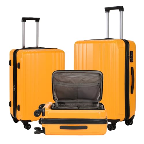 Image of Kaleenie 3 Piece 20 /24 /28 Inch Expandable Luggage Set, 20 inch Side Opening Carry On, 24 & 28 Inch Checked Middle Opening, ABS+PC Hardshell Lightweight Suitcase, Orange