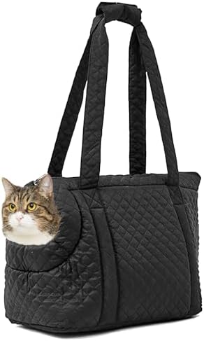 Fhiny Cat Tote Bag Carrier, Small Dog Purse Carrier with Pockets Breathable Pet Carrier Bag Soft Sided Foldable Kitten Travel Bag for Cats Kittens Puppy Rabbits Shopping Travel (Black)