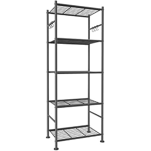 Sakugi 5-Tier Storage Rack Organizer with Hooks, Heavy Duty Metal Garage Rack with Leveling Feet, Freestanding Utility Rack for Bedroom, Balcony and Garage, 18.1″×12.4″×56.8″, Black