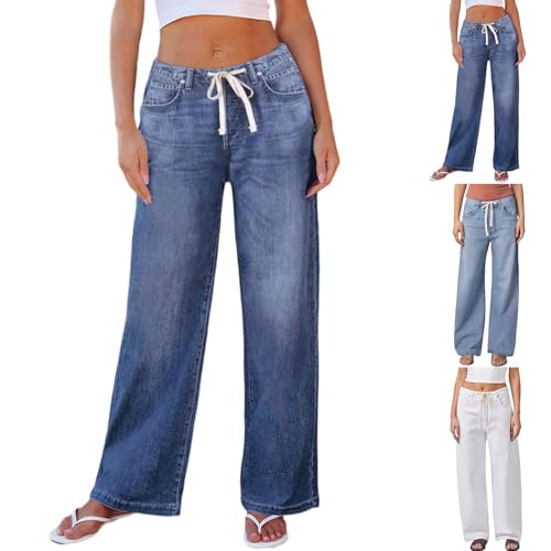 Drawstring Jeans Women Mid Rise Y2k Boyfriend Baggy Wide Leg Jeans Casual Loose Denim Trousers Pants with Pockets