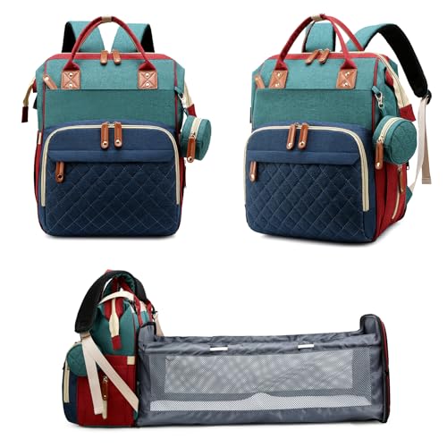 Image of Fexkean Nappy Changing Backpack, Waterproof Multi-Function Large Capacity Diaper Baby Travel Bag with Bed 3 in 1 Foldable Crib Unisex for Mom and Dad Blue Green
