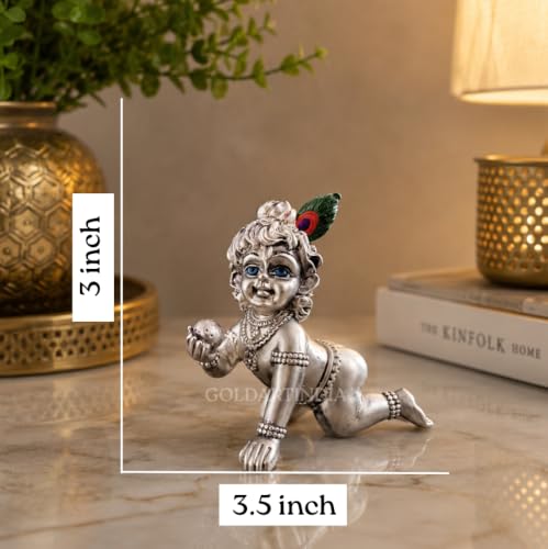 Image of Gold Art India 999 Silver Plated Bal Krishna Idol (3.3 Inch) | Antique Matte Laddu Gopal Murti | Premium Peacock Green Velvet Gift Box | Krishna Idol for Home Temple, Office Decor & Spiritual Gifting