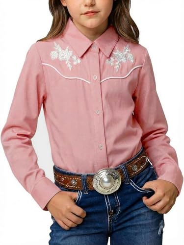 Girls Retro Long Sleeve Button Down Shirts Cowgirl Western Shirt Embroidery Blouse Tops Pink