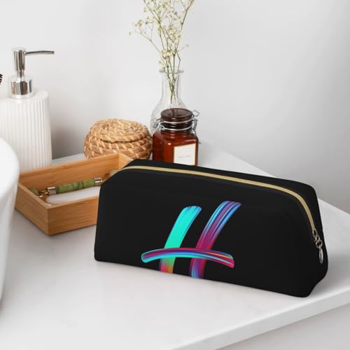 Image of Cute Initial Pencil Case for Kids Simple Leather Pencil Pouch for Boys Girls Letter Design Pencil Box Pen Bag Pencil Pouch Office Stationery Organizer, Rainbow Letter H