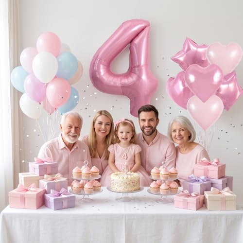 Image of TONIFUL 4th Birthday Balloons Kit 40 Inch Pink Large Number 4 Foil Balloon