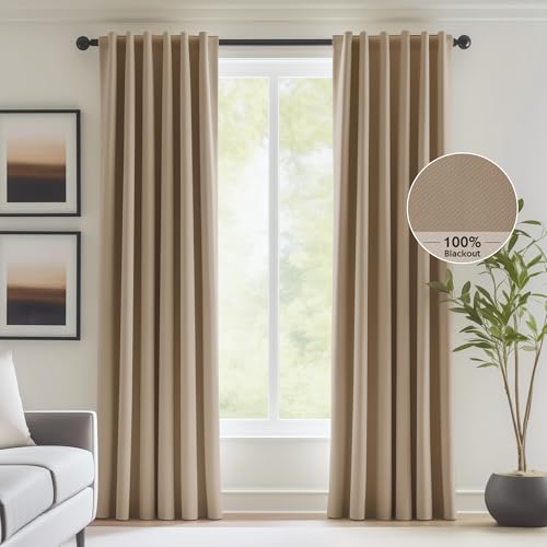 Image of FMFUNCTEX 100% Blackout Curtains for Bedroom, Brown Back Tab Curtain 90 Inches Long Drapery Thermal Insulated Curtains for Living Room, Black Out Drapes Rod Pocket Room Darkening 2 Panels