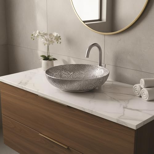 Fine Fixtures 20" x 15" Luxury Silver Vessel Bathroom Sink - Oval Ceramic Sink Bowl, Elegant Countertop Wash Basin, Vanity Top Installation by Fine Fixtures - Image 2