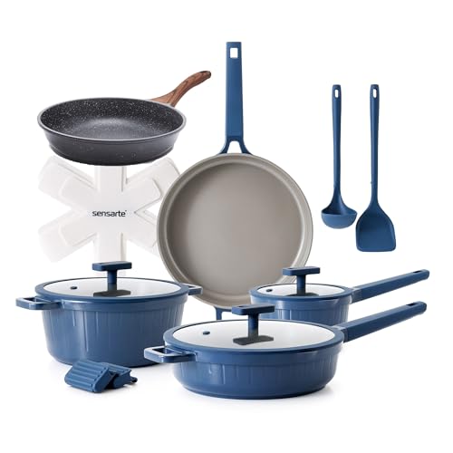 Image of SENSARTE 15 Piece Nonstick Cookware Set, includes 12.5 Inch Omelet Pan, Induction Compatible Frying Pan Skillet