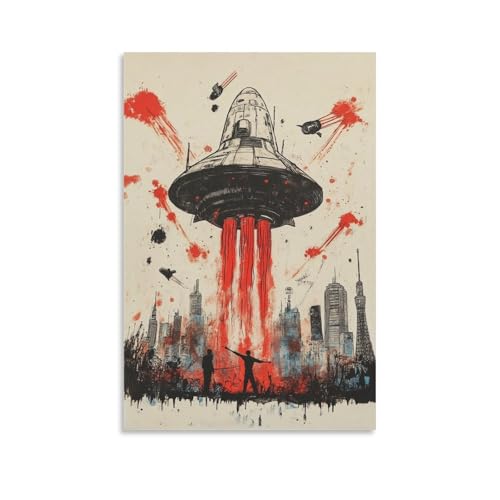 BoVrilyx Poster mural de science-fiction avec invasion OVNI, paysage urbain futuriste et accents d'explosion rouge, décoration murale moderne pour salle de jeu, cadeau esthétique pour adolescent, 30,5