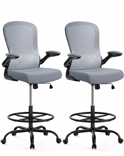 Image of ErGear Drafting Chair,Tall Office Chair with Flip-Up Armrests, High Desk Chair Adjustable Height and Adjustable Footrest Ring, Ergonomic Standing Desk Chair with Lumbar Support, Blue,2 Pack