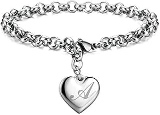 Monily Initial Charm Bracelets Stainless Steel Heart Letters A Alphabet Bracelet for Women