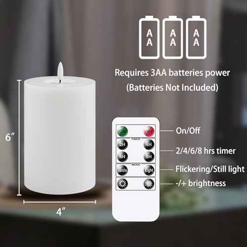 Image of Flameless Flickering 4 inch x6 inch Real Wax White Remote Candles with Candle Grease, Pack of 2 Timer LED Battery Operated Fake Warm Light Pillar Candles for Home, Banquet, Ceremony Decoration