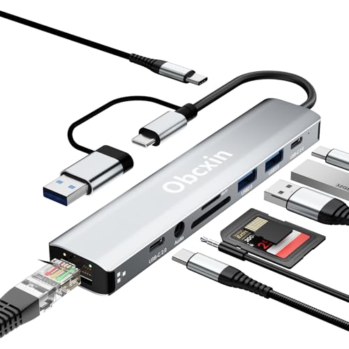 USB C Hub 9-in-2 Multiport Adapter mit Ethernet, US-B 3.0&USB 2.0, USB C Adapter mit SD/TF-Kartenleser, 3,5-mm-Aux-Anschlüsse für MacBook XPS Surface Pro Linux Chromebook usw