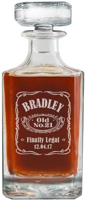 Personalized Whiskey Decanter Set, 21st Birthday, Engraved Decanter and Glasses, Gifts for Men, Boyfriend, Whiskey Gifts, Finally Legal, Aged to Perfection (26oz- 750ml / Decanter + 2 Glasses)