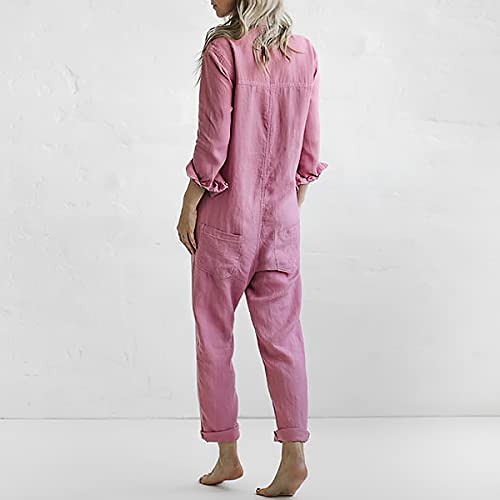 Akivide Womens Long Sleeve Cotton Linen Coverall Jumpsuits for Women Casual (Pink, S)