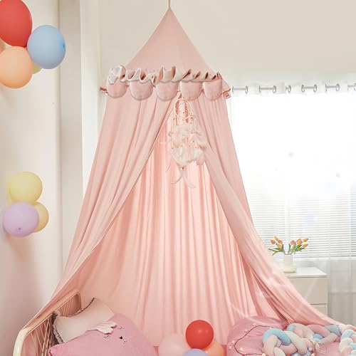 Upgrade Version of Canopy for Kids Bed, Extra Large Canopy for Girls Room Decoration Princess Castle Play Tent Hanging House, Dreamy Canopy for Children Room Reading Nook Canopies (Pale Pink Ruffle)